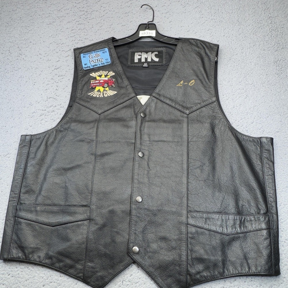 FMC Vest Mens 52 Black Leather Biker Lined Pockets Embroidered Snap